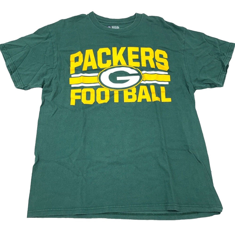 Green Bay Packers Shirt Men Large Green Yellow Tee Spell Out Logo NFL Football C